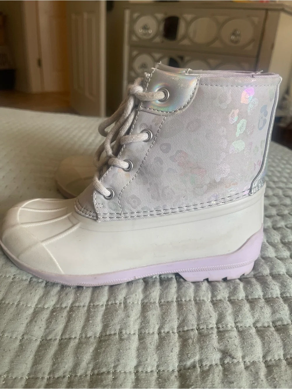 Kids Sperry Waterproof Lace-Up Duck Boots in White and Lilac